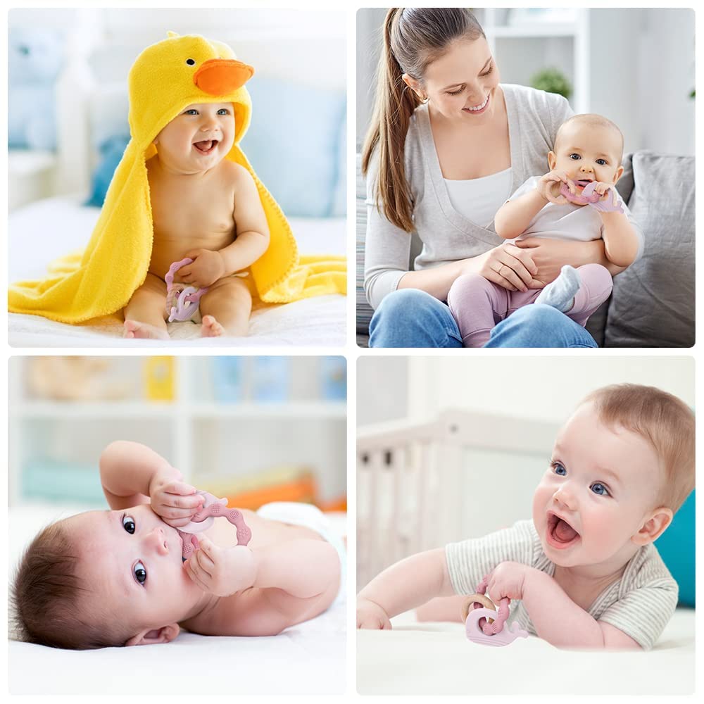 Vicloon Baby Teething Ring, Teething Toy, Teething Aid Made of Silicone & Wood, BPA-Free, Waltier Shape, Teething Nursing Accessories for 3 Months and Above Babies, Girls, Boys, Gift (Whale Pink) – Bild 7