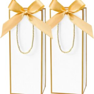 Ssyuysto Set of 2 Gift Bags Bottles White with Gold Edge Golden Silk Bow Bottles Bags for Wine Champagne Reusable Wedding Gift Packaging
