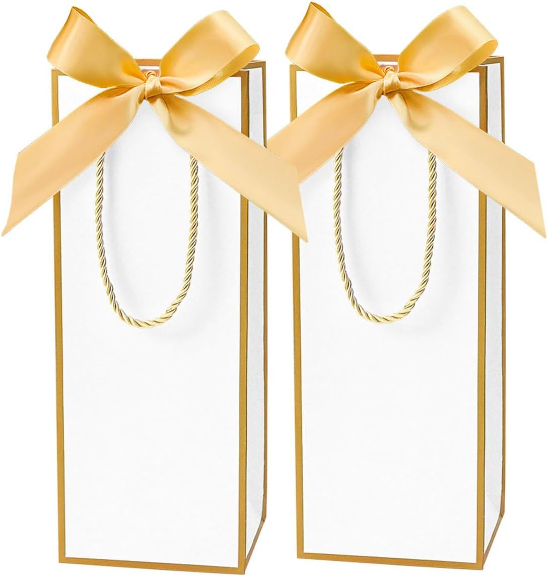 Ssyuysto Set of 2 Gift Bags Bottles White with Gold Edge Golden Silk Bow Bottles Bags for Wine Champagne Reusable Wedding Gift Packaging