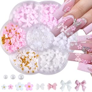Nail Charms, Flower Nail Charms, 3D Pink Bow Nail Art Decoration, 3D Acrylic Flowers Nail Gems with White Half Pearls for Women Acrylic Nail