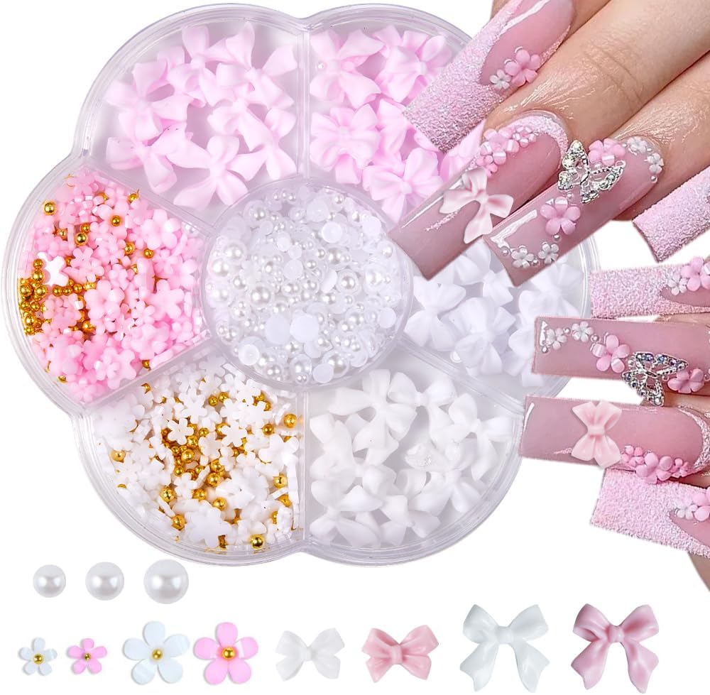 Nail Charms, Flower Nail Charms, 3D Pink Bow Nail Art Decoration, 3D Acrylic Flowers Nail Gems with White Half Pearls for Women Acrylic Nail