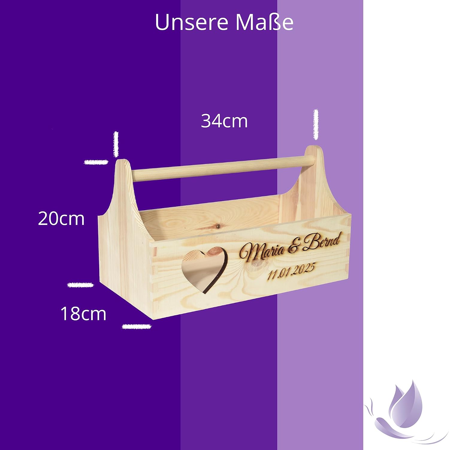 Wedding Gift Basket Personalised with Heart Name Date 34 x 18 x 20 cm Natural Wooden Box Gift Idea Gift Basket Wedding Gift – Bild 4