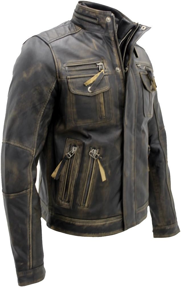 Infinity Men’s Brando Leather, Biker Jacket, Black, Warm, Vintage – Bild 2