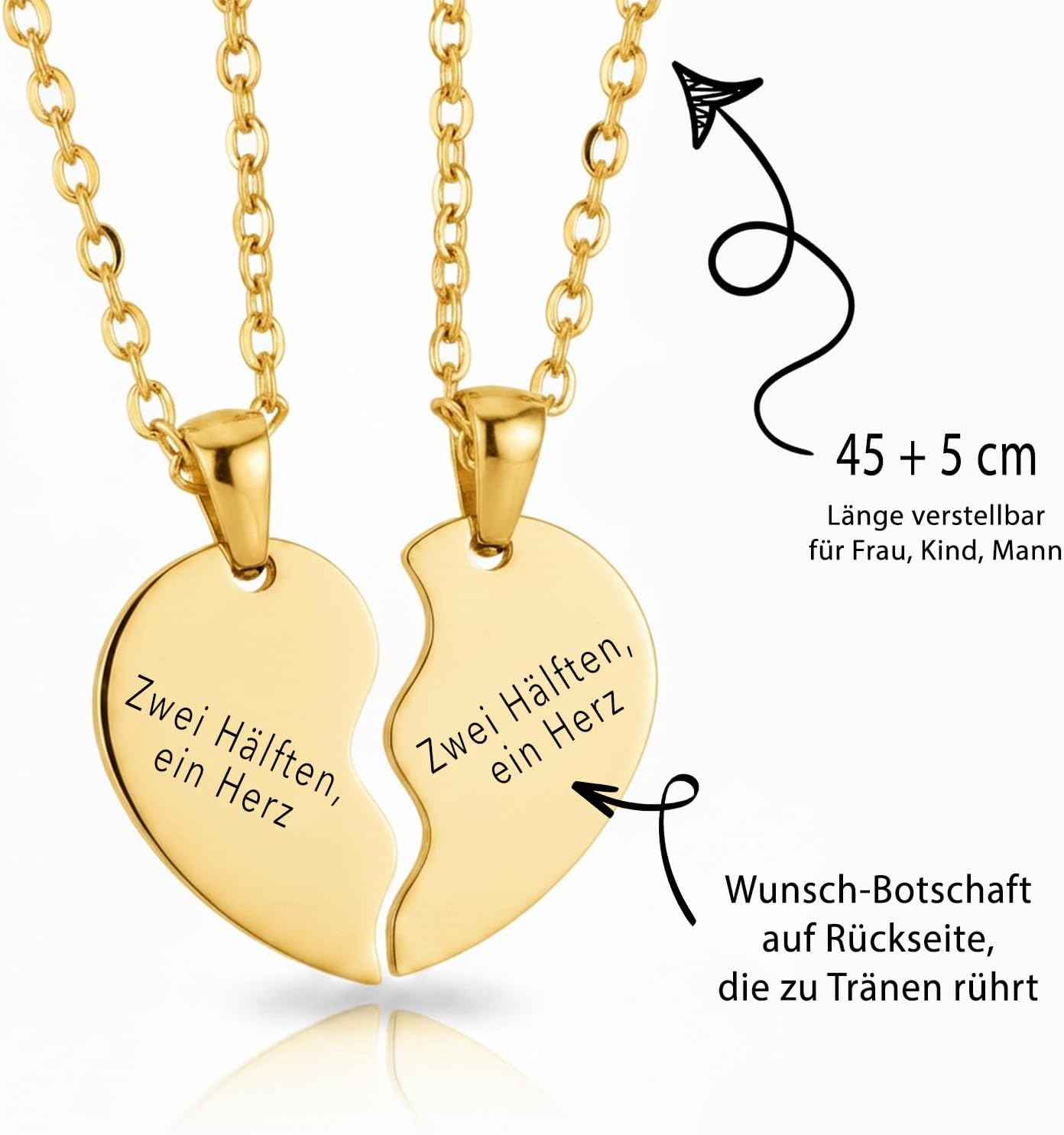 Heart Necklace for Couples with Engraving, Personalised with Name, Date, Saying | Women, Men, Girlfriend, Lovers, Adjustable Chain 45 cm, Waterproof with Back – Bild 2