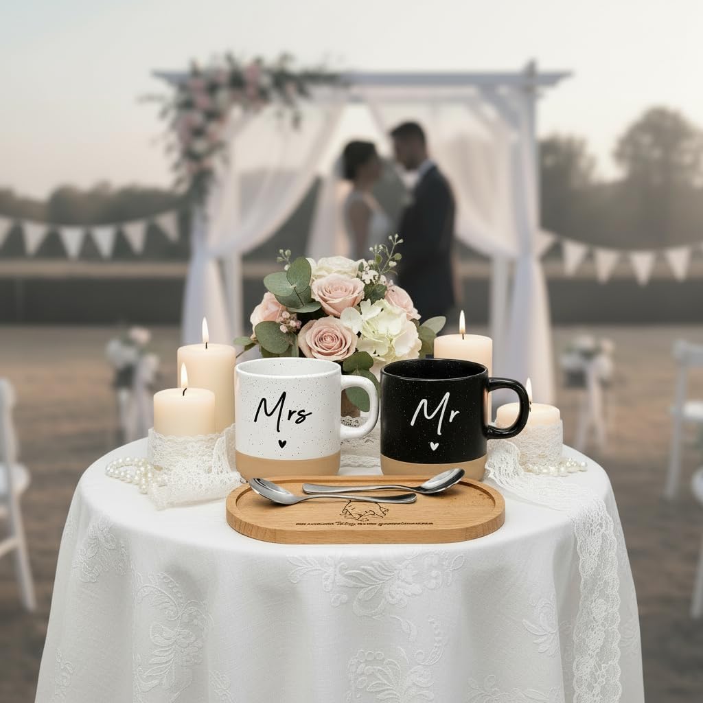 LOZACHE Gifts for Couples Mr & Mrs Mugs Set with Wooden Tray & Spoons – Bild 5