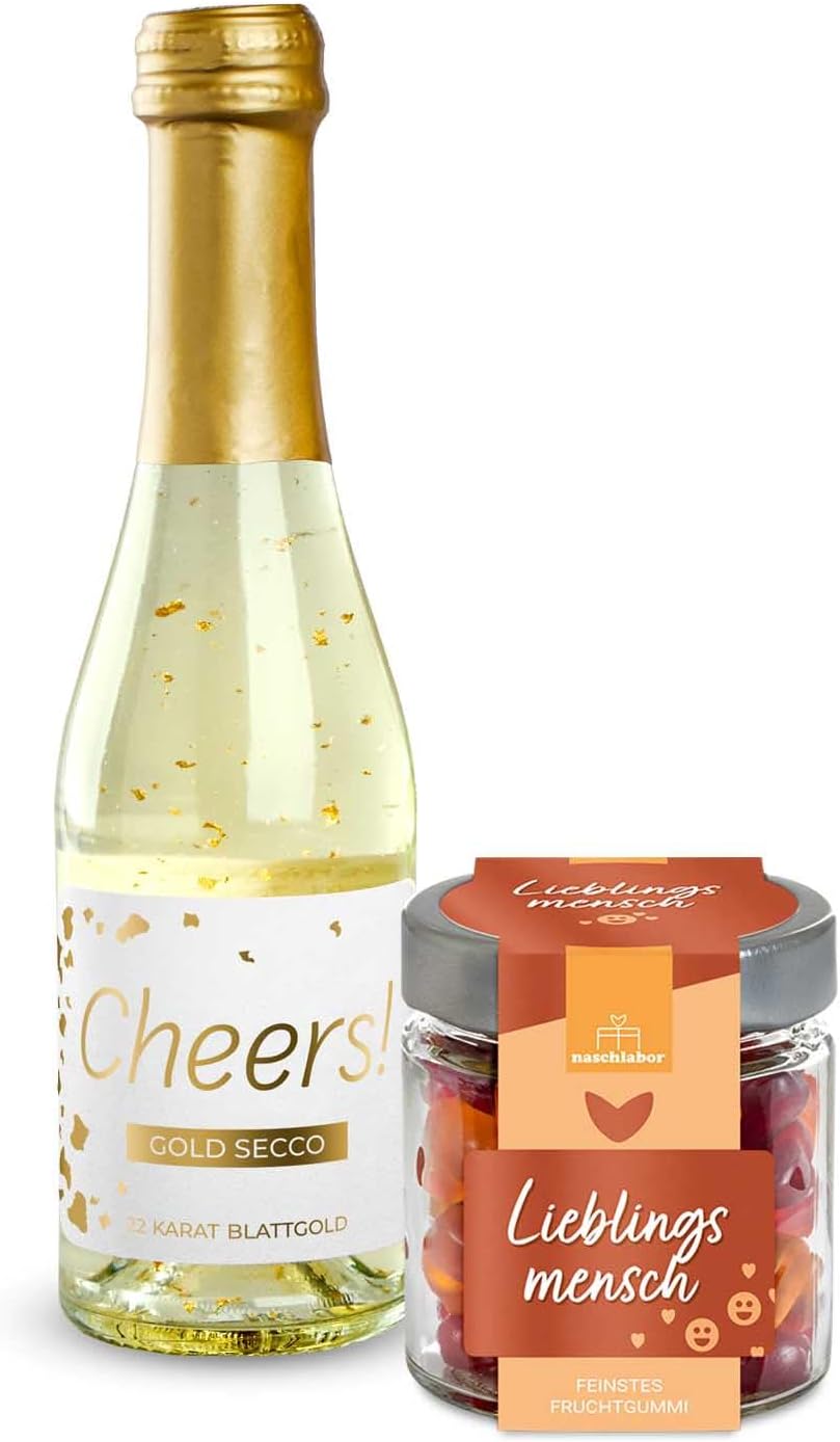 Set of 2 Gold Secco Cheers! and Fruit Gum Favourite Person 120 g Bundle for Gifting Gift for Wedding, Birthday or Valentine's Day Gift for Girlfriend Prosecco with Gold