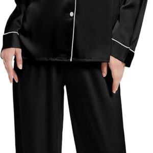 Women’s Long Sleeve Pyjamas Satin Pyjama Set Sleepwear with Button Placket Women’s Winter Leisure Suit with Turn-Down Collar