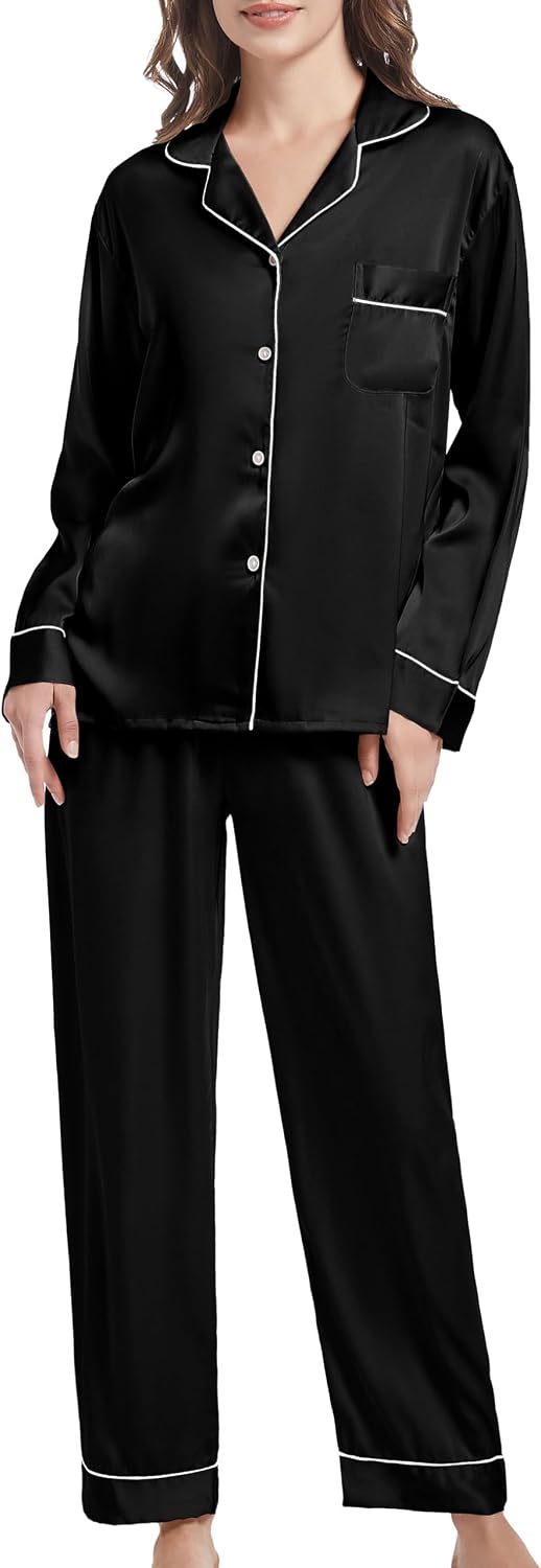 Women's Long Sleeve Pyjamas Satin Pyjama Set Sleepwear with Button Placket Women's Winter Leisure Suit with Turn-Down Collar