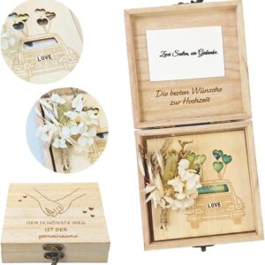 Money Gift Wedding Wood with Dried Flowers & Greeting Card - Wedding Gifts for Bride and Groom Money - Elegant Wooden Box & Picture Frame - Creative Money Packaging