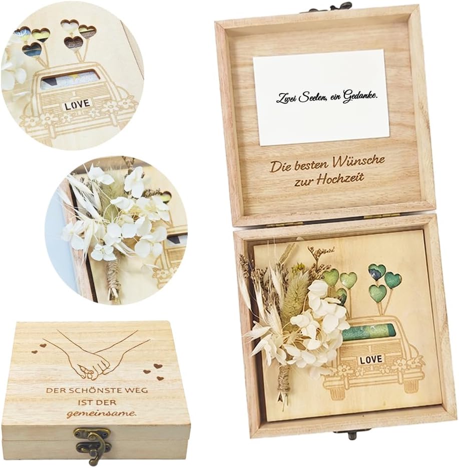 Money Gift Wedding Wood with Dried Flowers & Greeting Card - Wedding Gifts for Bride and Groom Money - Elegant Wooden Box & Picture Frame - Creative Money Packaging