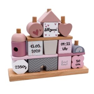 KIDSLINO Plug-in Game House Pink I Gift for Birth Personalised I Wooden Toy I Personalised Gifts Baby I Label I Plug-in Toy with Name & Birth Data