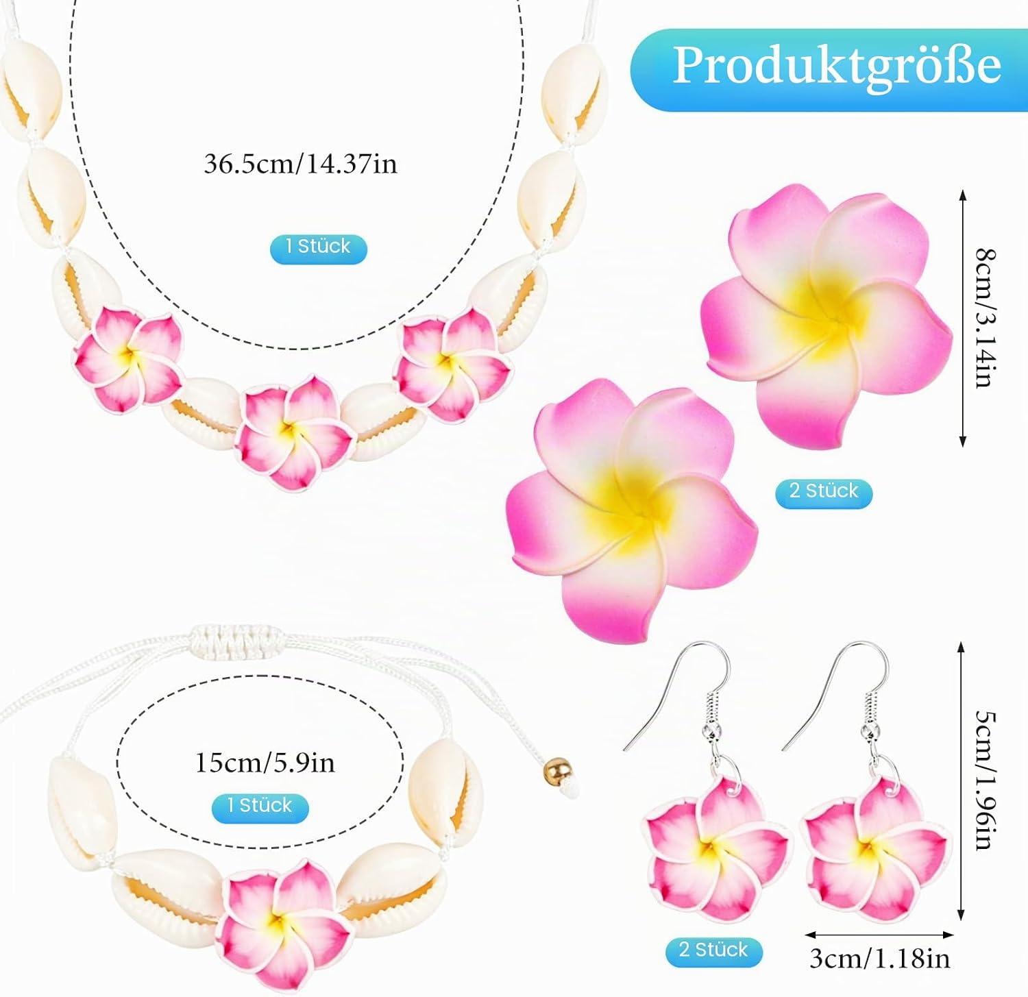 Set of 4 Hawaii Decoration with Earrings, Necklace, Bracelet, Hawaii, Hair Clips – Bild 2