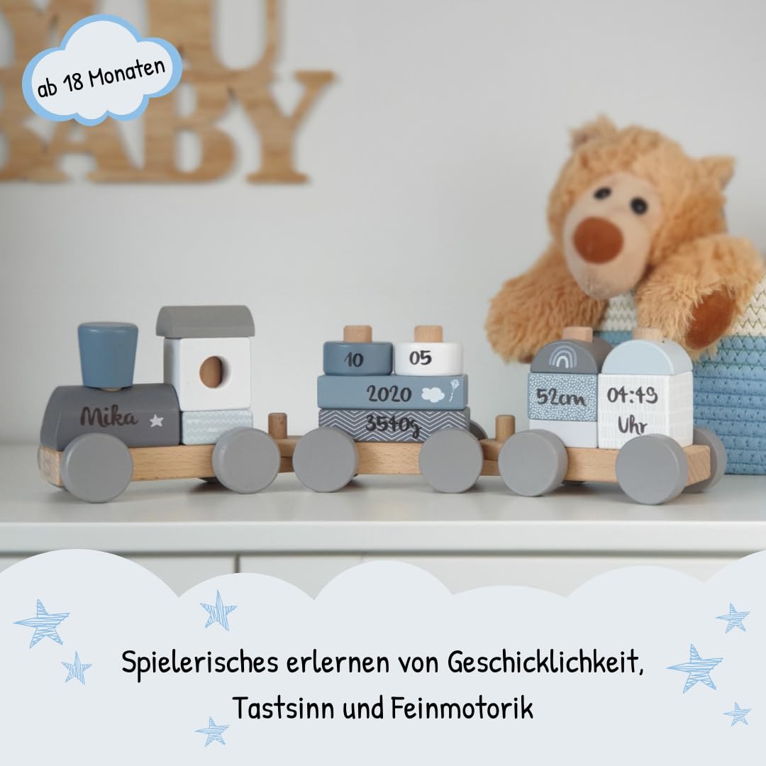 KIDSLINO Wooden Railway Blue – Personalised for Birth Boys, Handmade Wooden Toy with Plug-in Shapes, Personalised Gifts Baby, Wooden Train with Name & Date of Birth – Bild 2