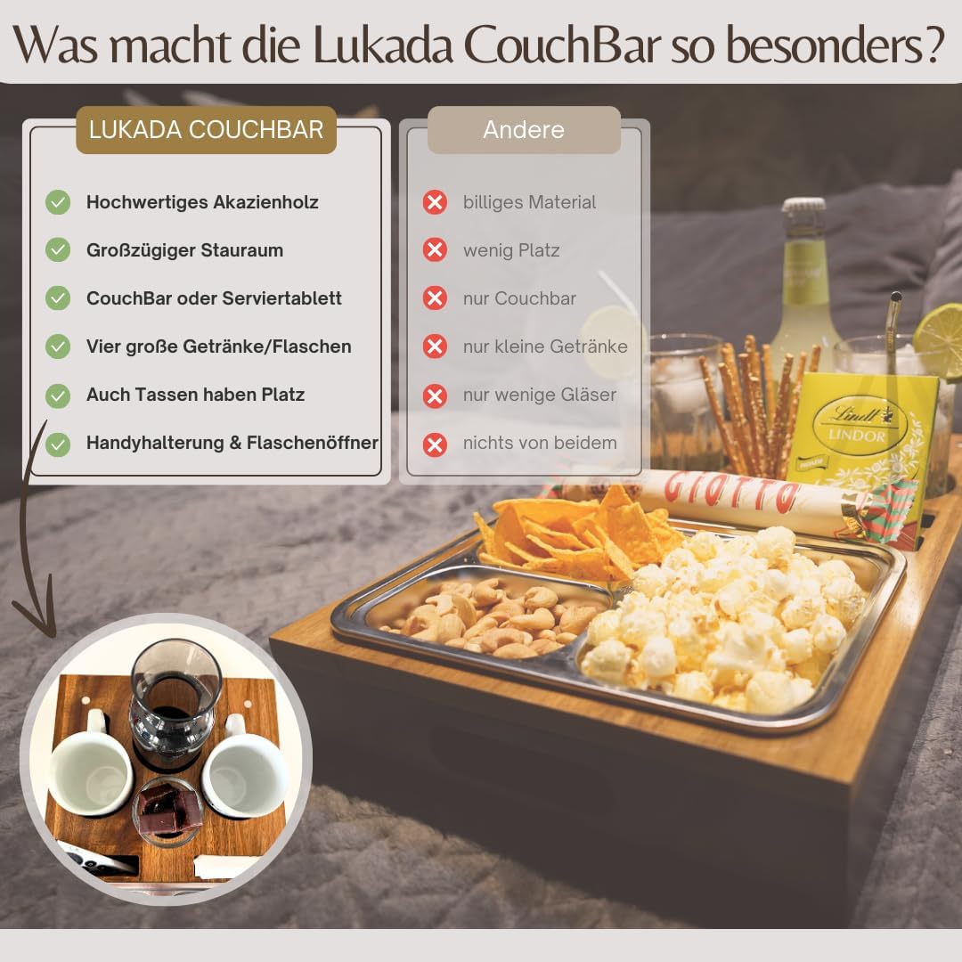 Lukada Premium Couch Bar Snack Box XXL Snack Bowl & 4 Drink Holders Acacia Wood & Bamboo Sofa Tray Includes Gift Box & Mobile Phone Holder Couch Organiser Gifts for Men and Women – Bild 7
