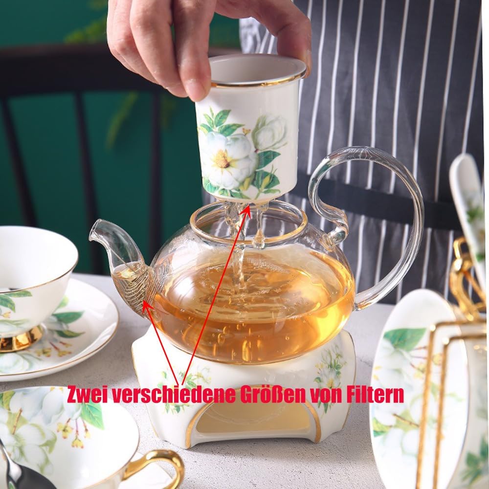 15 Piece European Flower Tea Set, Pattern Bone China Tea Set, Service Coffee Set, Heated Glass Teapot, for Gift and Household, Wedding (Camellia Blossom Pattern) – Bild 7