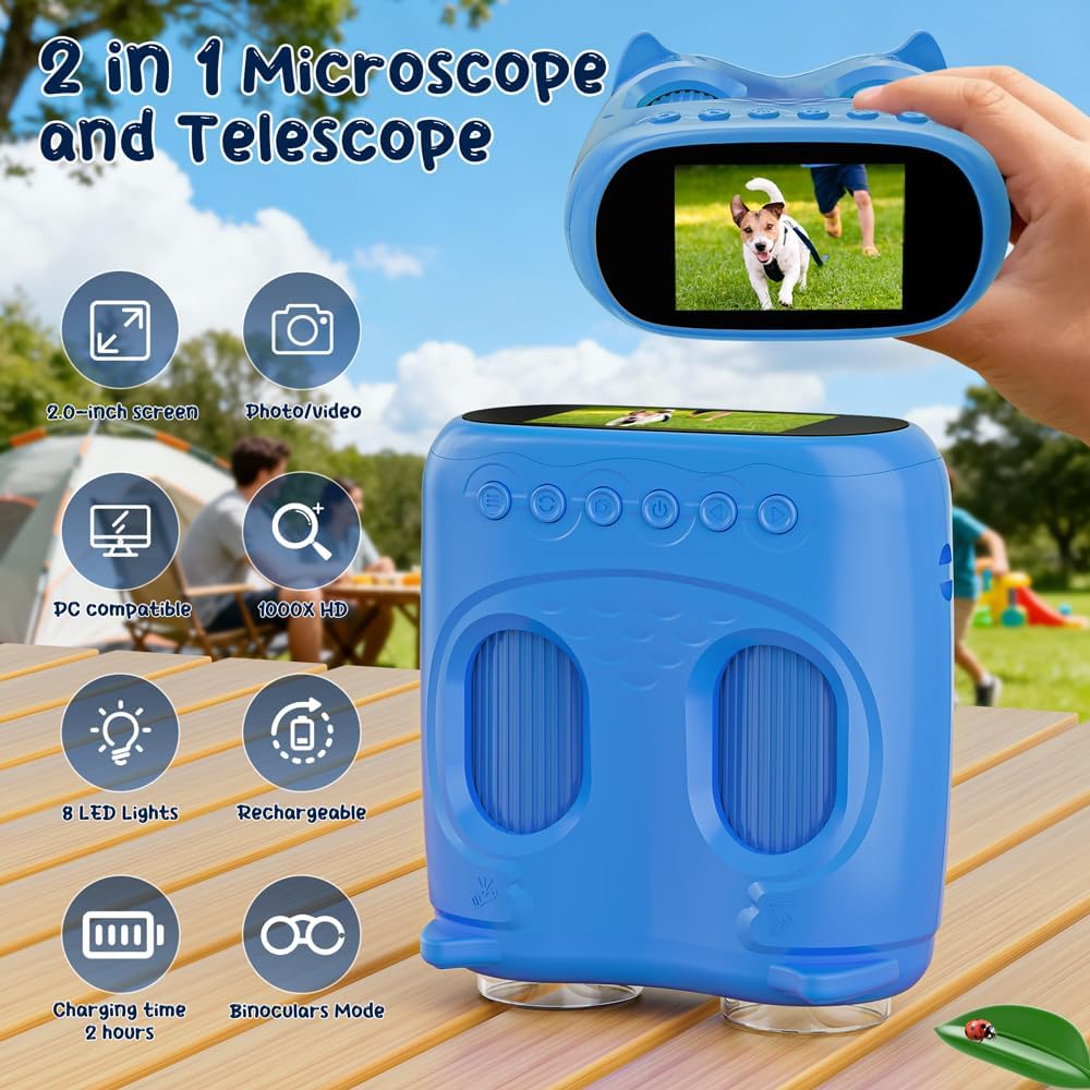Temodu Digital Microscope for Children, Toy, 4K 2.0 Inch Screen, for Observing, Experiments, Garden, Rechargeable Portable Binoculars, Science Outdoor, from 3 Years (Blue) – Bild 2
