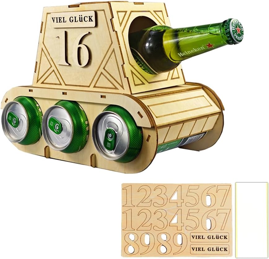 Funny Wooden Beer Carrier - Tank Design Bottle Carrier - Original Beer Gifts for Men - Perfect for Birthday Man - Creative Gift Idea for Beer Lovers (A)