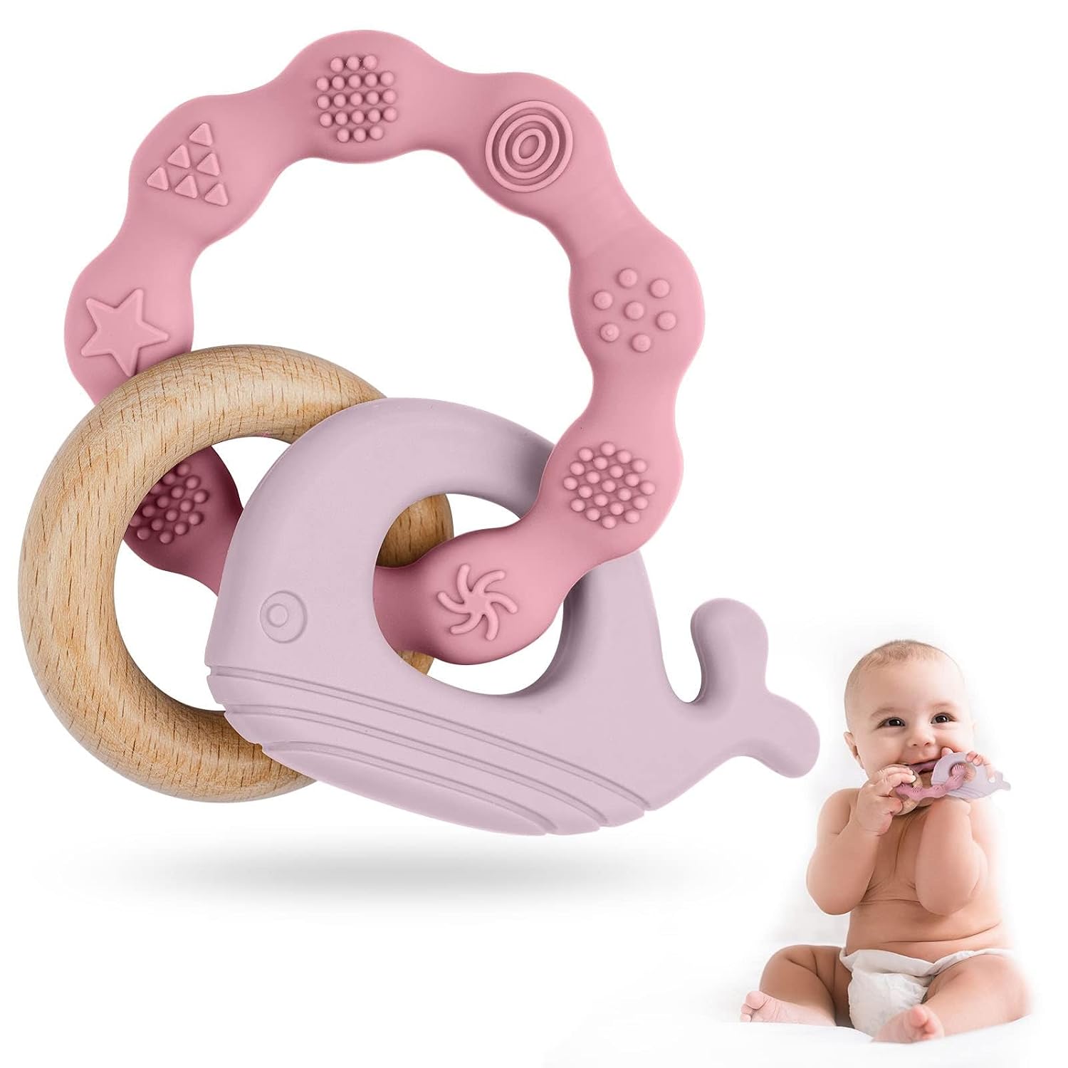 Vicloon Baby Teething Ring, Teething Toy, Teething Aid Made of Silicone & Wood, BPA-Free, Waltier Shape, Teething Nursing Accessories for 3 Months and Above Babies, Girls, Boys, Gift (Whale Pink)