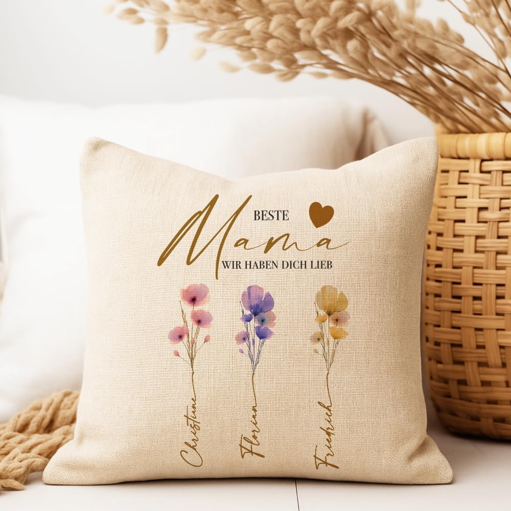 Manufaktur Liebevoll Personalised Cushion with Name, Best Mum Gift for Mum, Family Cushion with Watercolour Flowers, Gift Family (Best Mum) – Bild 2