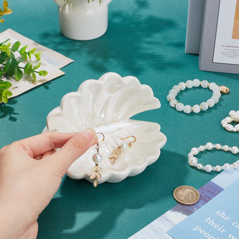 nbeads Ceramic Jewellery Plate with White Shell, Shell Shaped Jewellery Plate, Rings Storage Holder with Sea Motif, Decorative Jewellery Plate for Rings, Necklaces, Earrings – Bild 3