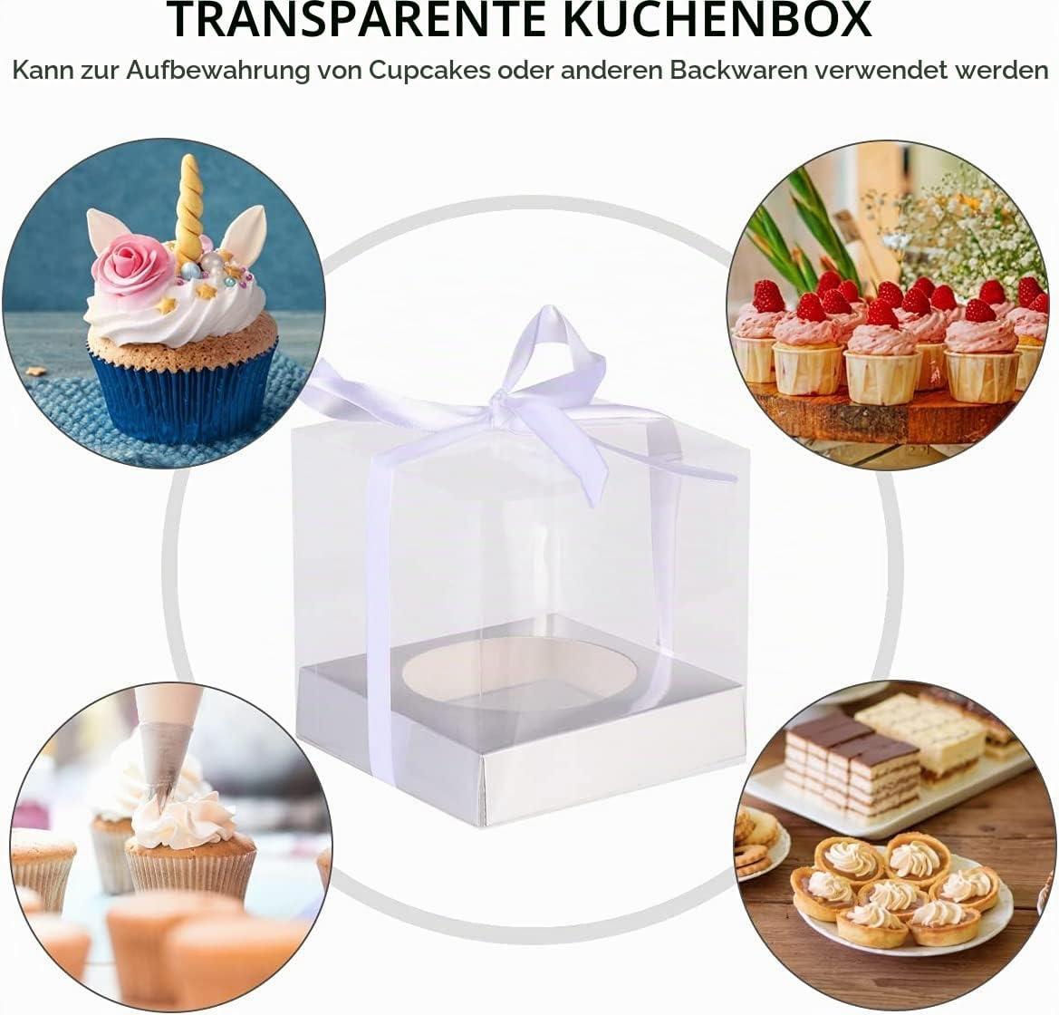 LATERN Pack of 20 Clear Cake Boxes, 9 x 9 x 11.5 cm, Transparent Gift Box with Silver Base and Ribbon for Packaging, Cakes, Macaron, Sweets, Cookies - for Wedding, Baby Shower, Party Favours – Bild 7
