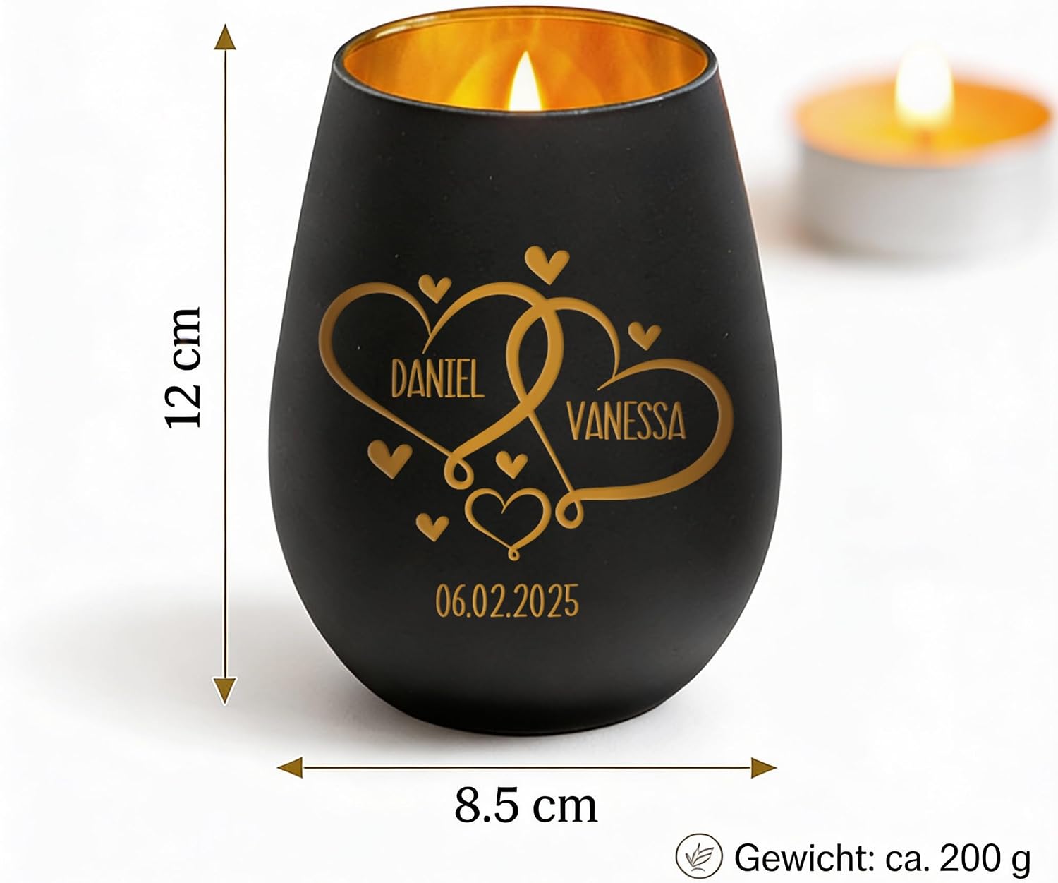 Engraved Lantern - Personalised Hearts with Name and Date - Anniversary Birthday or Valentine's Day Gift - Black – Bild 2