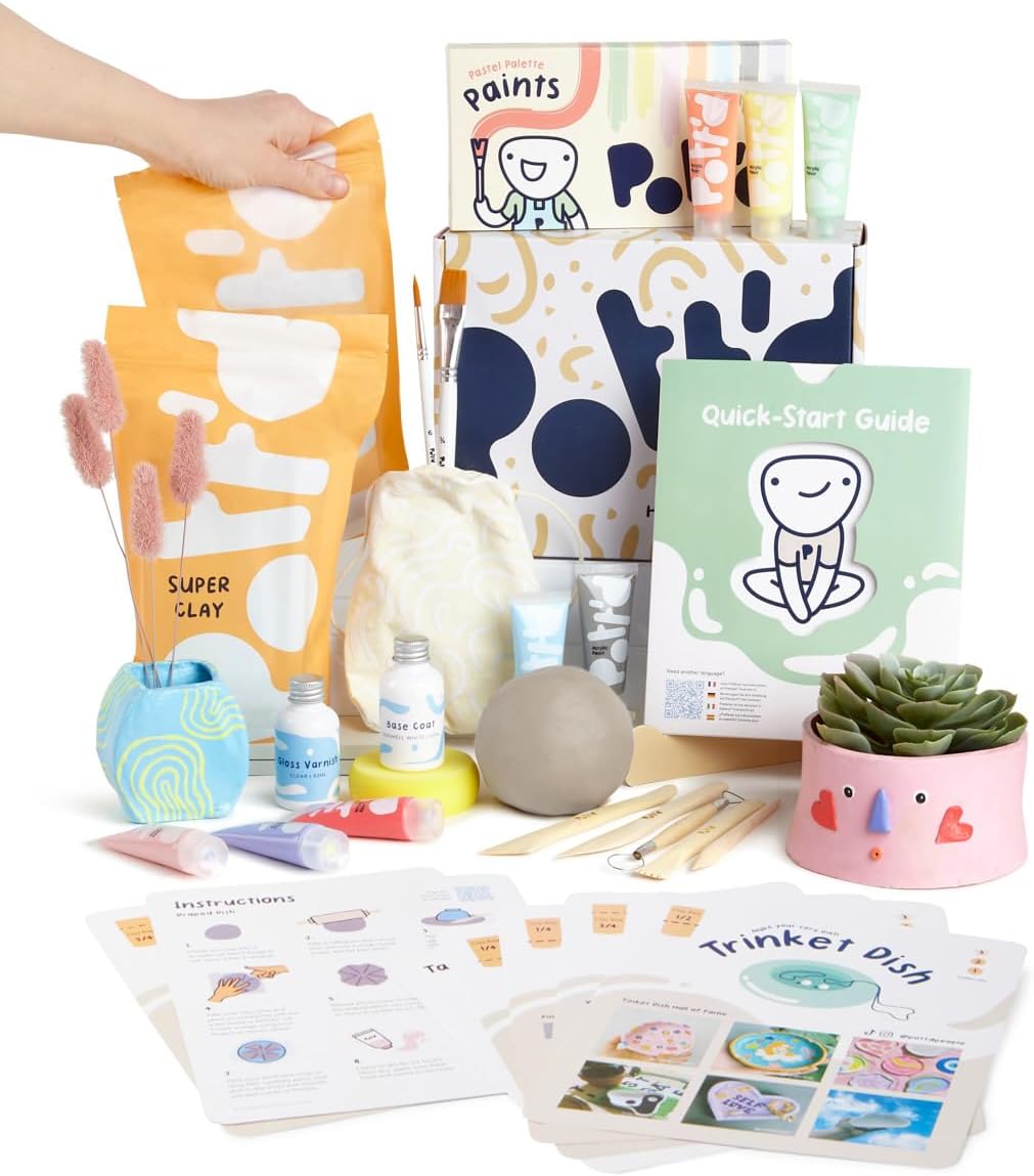 Pott'd Clay Ceramic Set for At-Home Beginners - Air Drying The set includes: Air-drying clay, tools, paints, brushes, sealant, instructions - pastel colours