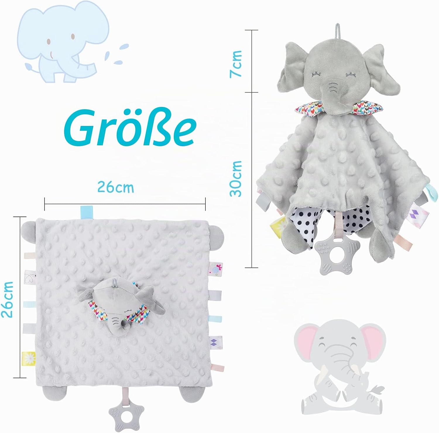 Vicloon Cuddly Blanket Elephant Cuddly Blanket with Crinkle Foil and Bell, Soft and Washable, 26 x 26 cm, Baby Cuddly Toy, Comforter for Babies from 0+ Months – Multicoloured Label – Bild 2