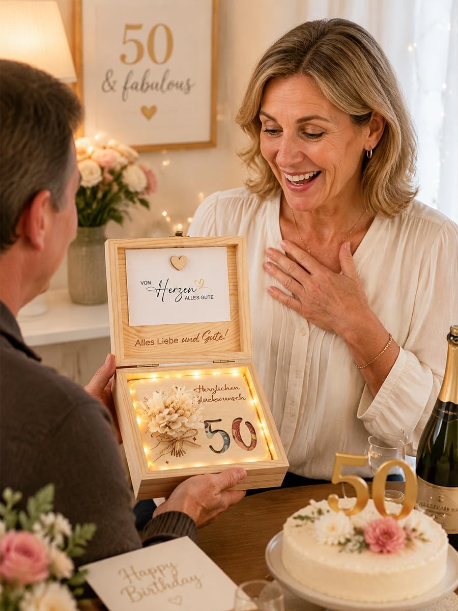 50th Birthday Wooden Money Gift with LED Fairy Lights, Gift Box for Money & Vouchers, Wooden Box with Dried Flowers and Card, 50th Birthday Gift for Women Men (50 Years) – Bild 4