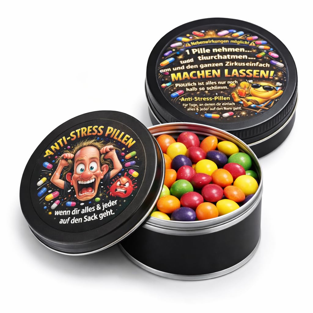 AnyCakes Anti-Stress Pills in a Tin Funny Gift Idea with Fruity Chew Sweets
