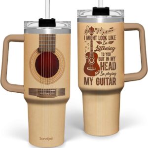 SANDJEST Isolierbecher aus Edelstahl mit Deckel und Strohhalm, Reisebecher, Geschenk für Musiker, Gitarristen, Weihnachten, Geburtstag, 1,2 l