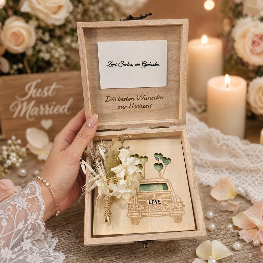 Money Gift Wedding Wood with Dried Flowers & Greeting Card - Wedding Gifts for Bride and Groom Money - Elegant Wooden Box & Picture Frame - Creative Money Packaging – Bild 3