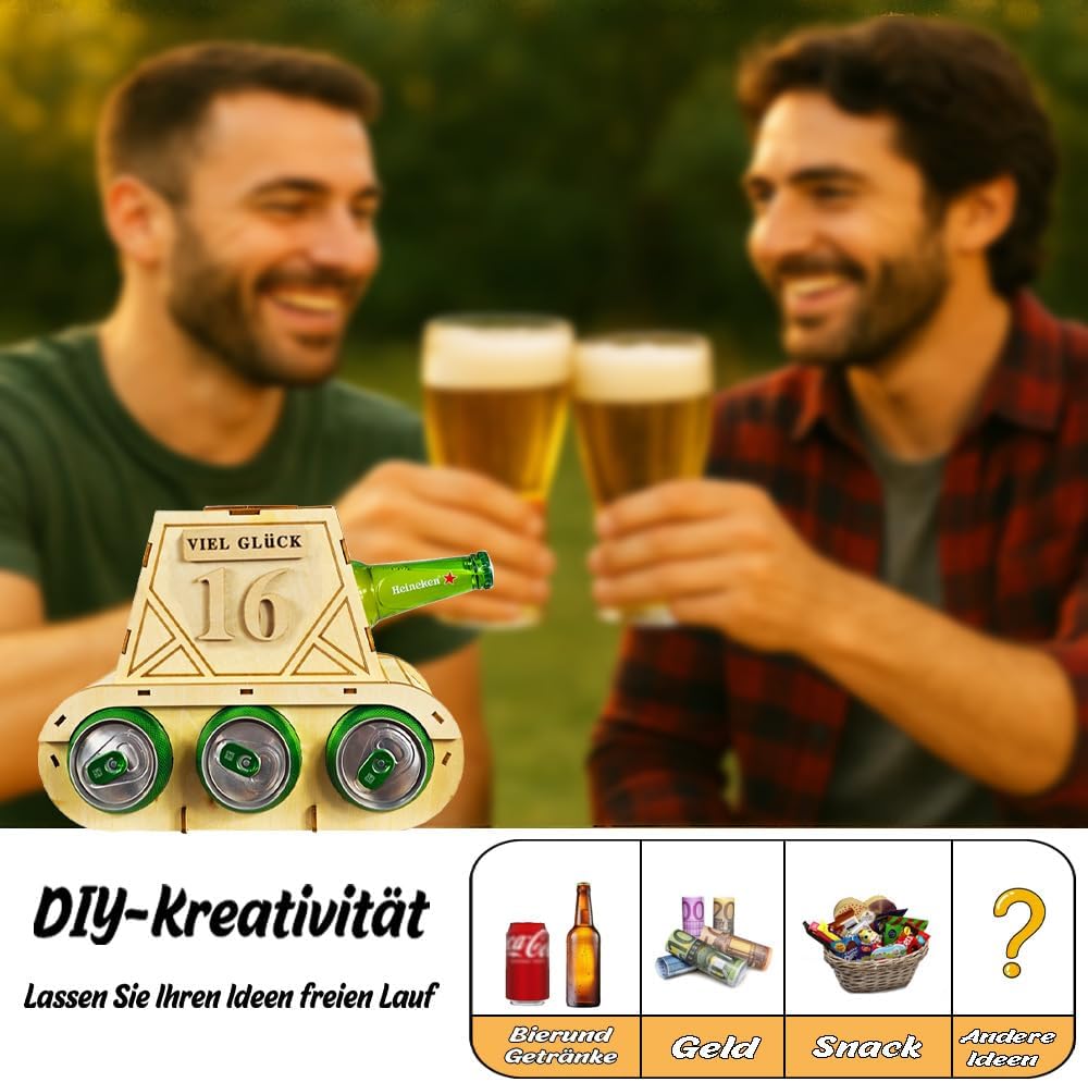 Funny Wooden Beer Carrier - Tank Design Bottle Carrier - Original Beer Gifts for Men - Perfect for Birthday Man - Creative Gift Idea for Beer Lovers (A) – Bild 7