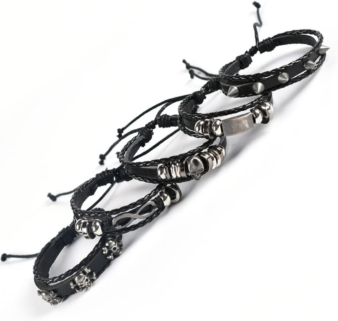 Pack of 5 Black Leather Bracelet Men's Braided Wide Bracelets, Punk Braided Bracelet for Men Braided Cuff Wrap Set, Rock Skull Gothic Decoration Adjustable – Bild 3