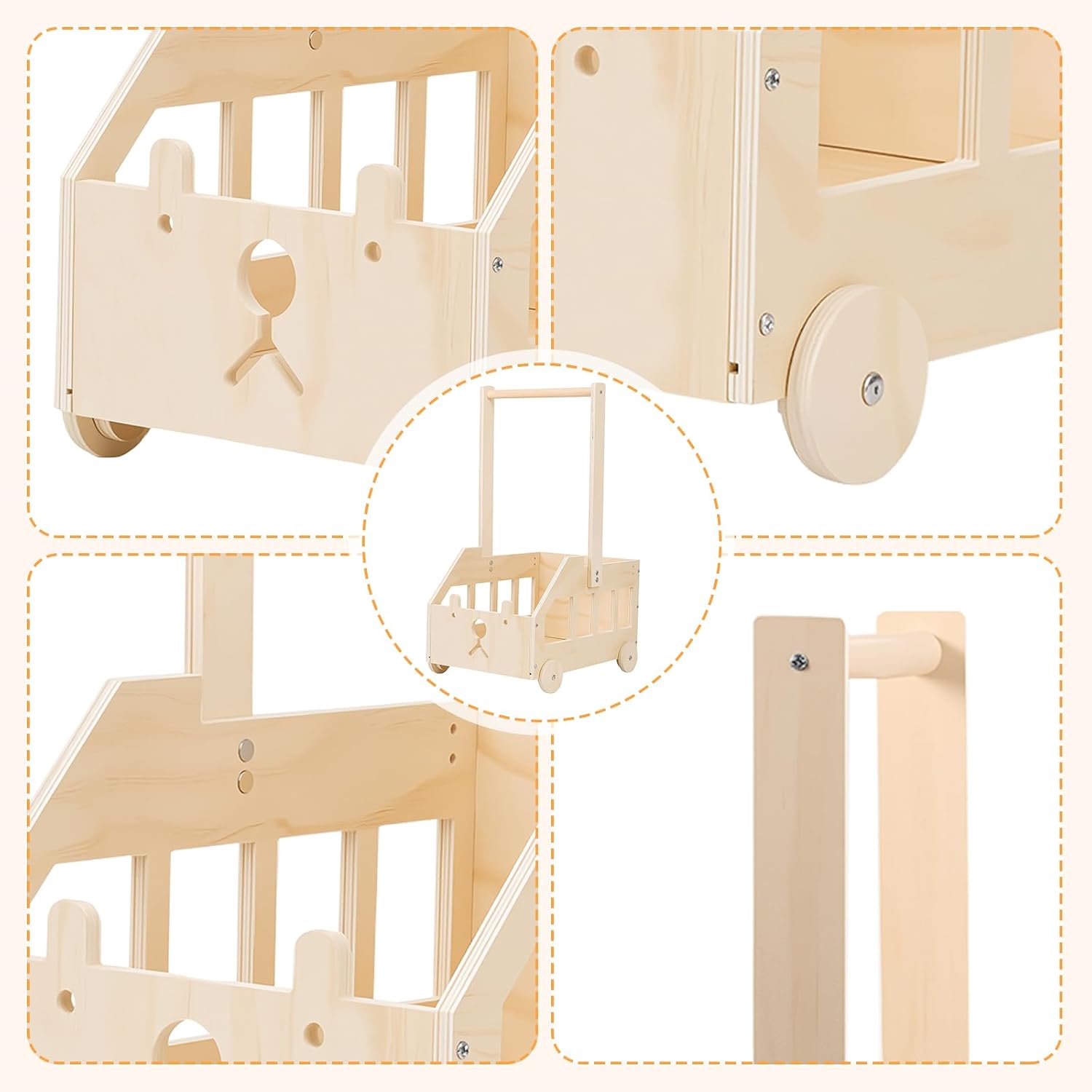 Baby Shower Gift with Wooden Baby Basket on Wheels, Baby Gift Basket with Handle, Wooden Changing Basket, Baby Basket with Bear, Doll Hangers, Decorative Leaves and Angel Day for Newborns – Bild 6