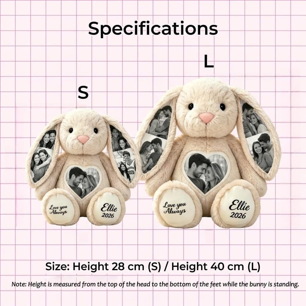 Personalised Fabric Rabbit with 5 Photos, Cuddly Toy Rabbit with Hidden Pictures in the Ears, Photo Cuddly Toy Made of Soft Plush, Warm Gift for Couples, Family, Friends, 26 cm / 40 cm – Bild 5
