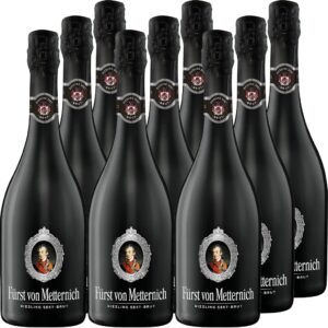 Fürst von Metternich Riesling Sparkling Brut (9 x 0.75 L) Premium Sparkling Sparkling Made from Exquisite German Riesling Basic Wines in Elegant Matte Black Bottle, Elegant, Balanced and Harmonious