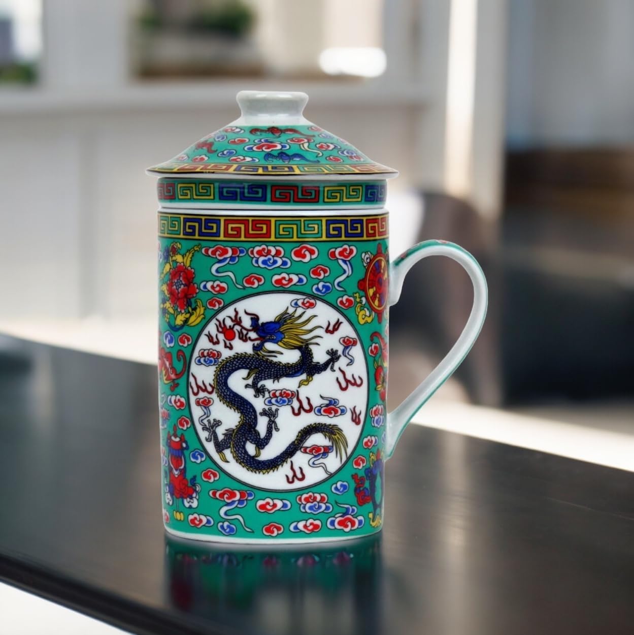 Ceramic Tea Cup with Lid + Strainer for Loose Tea with Asian Motif (Green Dragon, 494) Japanese Chinese Cup for Tea Lovers, Porcellan Coffee Gift Set Asia Asia Mug Cup – Bild 3