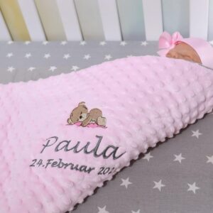 Personalised Baby Blanket with Name - Light Pink Plush & Grey Cotton with White Stars - Embroidered, Warm & Winter-Safe 75 x 100 cm - Gift for Birth & Christening (Light Pink - Stars, 75 x 100 cm)