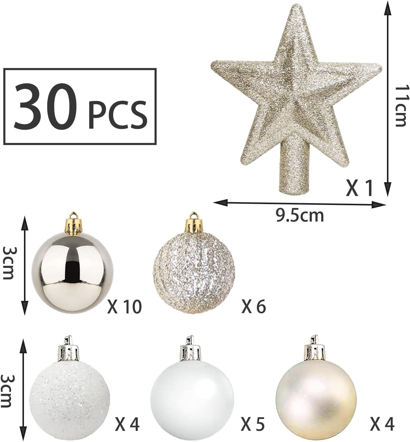 Pack of 30 Mini Christmas Baubles with Hanger, 3 cm Small Christmas Tree Baubles, Gold & White Baubles, Mini Christmas Tree, Table Christmas Tree Decoration Set – Bild 2