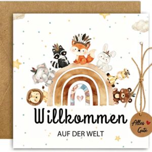 Money Gift for Birth - Baby Card with Envelope, Rainbow Animals Congratulations Card for Girls & Boys, Gift Idea for Parents, Family & Friends (Welcome)