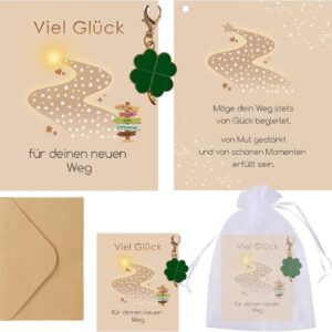 Clover Lucky Charm with Card & Pouch – Courage Gift for Farewell Colleagues, Farewell Colleague, Exam, New Job, Lucky Clover Keyring Good Luck Card for New Ways