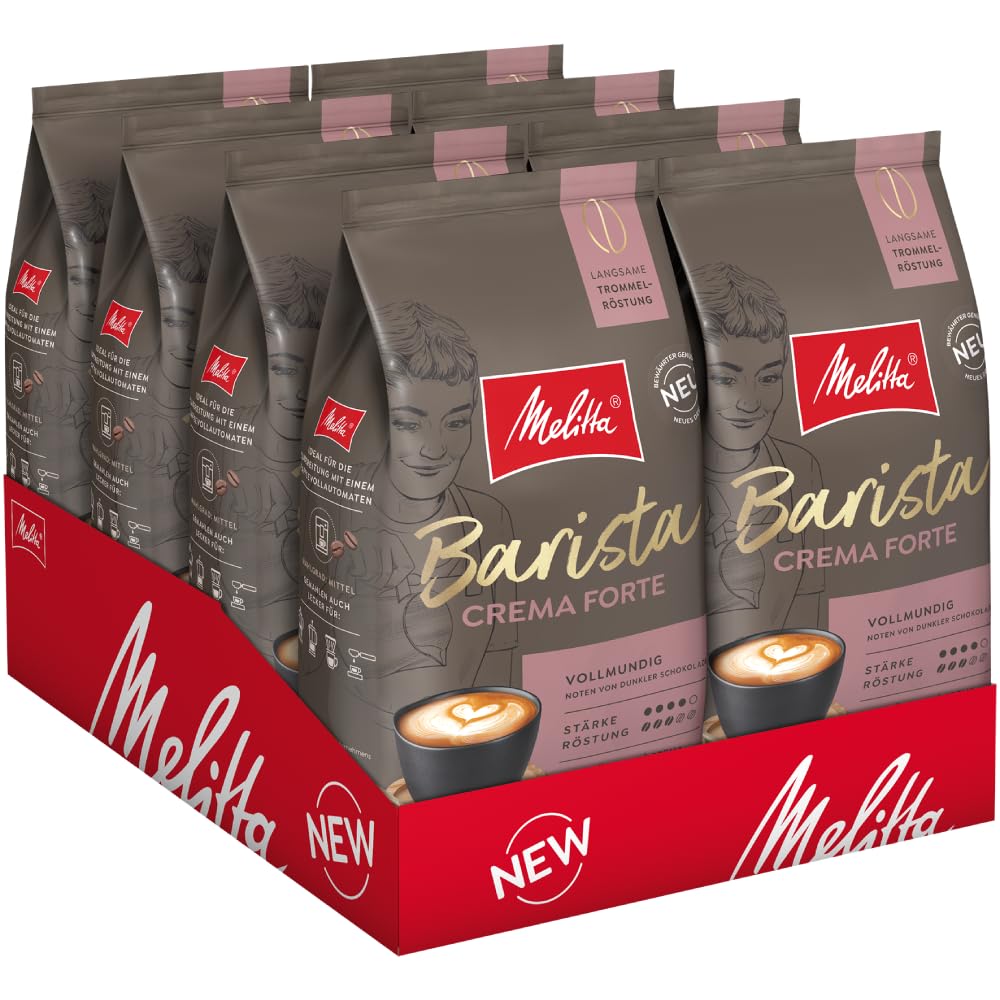 Melitta Barista Classic Crema Forte, Whole Coffee Beans 8 x 1 kg, Unground, Coffee Beans for Fully Automatic Coffee Machine, Strong Roast, Strength 4, in Tray