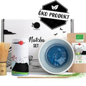 Origeens Matcha Set with Powder „Azur“ – Handmade Matcha Bowl (Portugal), Matcha Broom, Bamboo Spoon, Organic Matcha Tea from Japan – Matcha Tea Set for Tea Ceremony, Gift Set