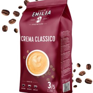 EMILIA Crema Classico Coffee Beans 1 kg – Premium Coffee Whole Beans – Medium Roast (Thickness 3/5) – Matched to Fully Automatic Coffee Machine & Portafilter – First Class as Café Crema, Latte & Café