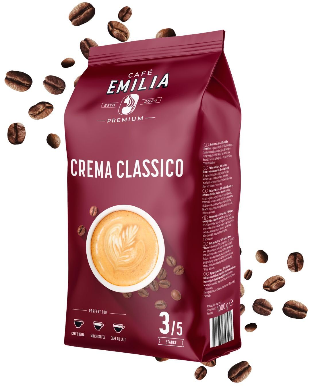 EMILIA Crema Classico Coffee Beans 1 kg - Premium Coffee Whole Beans - Medium Roast (Thickness 3/5) - Matched to Fully Automatic Coffee Machine & Portafilter - First Class as Café Crema, Latte & Café