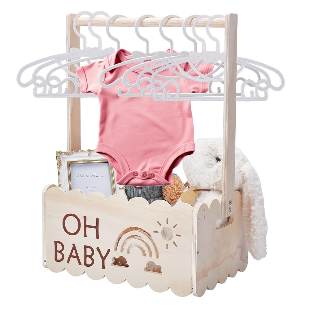 Unicraftal Baby Shower Gift with Wooden Handle Children's Clothes Hanger Baby Storage Basket Wooden Box for Baby Showers Baby Shower Box Cabinet Personalised Baby Basket Baby Shower Gift