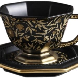 Retro Kaffeetasse mit Untertasse, 240ml Keramik Teetasse, Sechseckige Vintage Kaffeebecher,Elegante Luxus Tasse für Kaffee Tee,Geschenkset für Frauen (Schwarz)