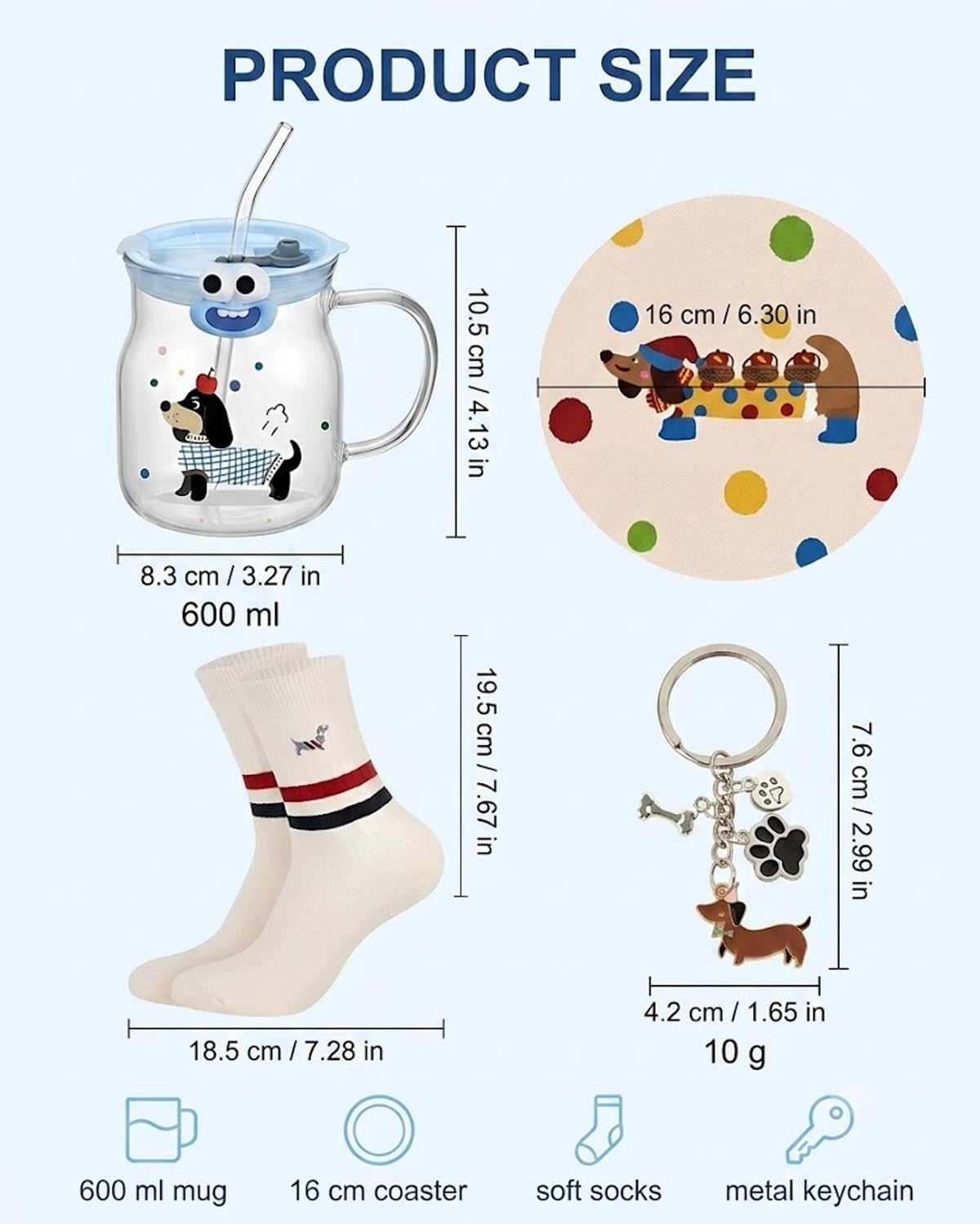 Dachshund Gift Set 4 Pieces - 600ml Dachshund Cup Glass with Lid and Straw, Coaster, Socks, Keychain - Dachshund Gifts for Coffee, Tea and Iced Coffee – Bild 2