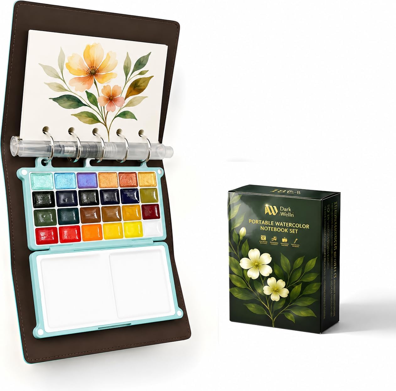 Tragbares Aquarellfarben-Set für Erwachsene, 24 Farben, Reise-Aquarell-Set mit Notizbuch (weiße und schwarze Seiten), nachfüllbarer Pinsel und Palette, All-in-One-Kunst-Set für Outdoor-Malerei